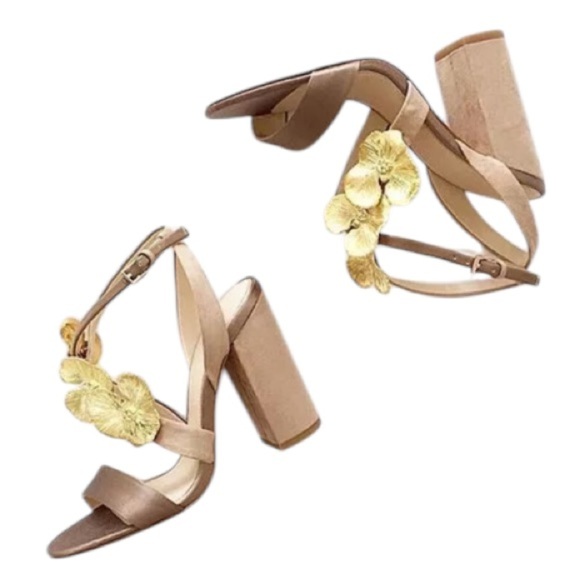 Zara Tan Satin/Suede Gold Orchid Sandals w/ 4” Block Heel Size 38/8 MSRP $198 - Picture 1 of 13